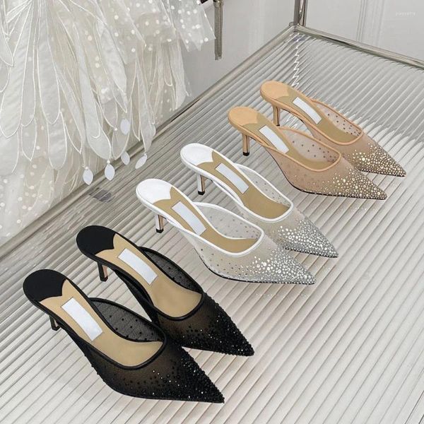 Pantoufles d'été de haute qualité pour femmes, sandales de styliste en maille scintillante, chaussures de mariage, semelle en cuir, fête