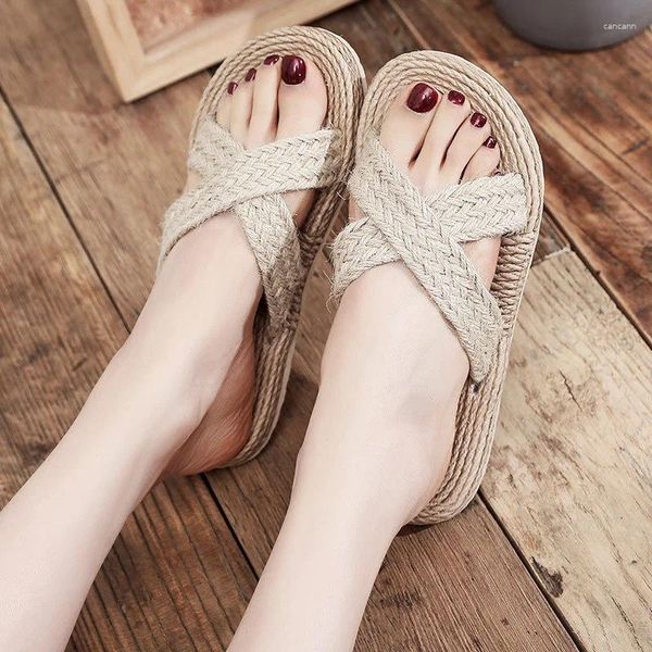 Zapatillas de verano para el hogar, toboganes de interior para mujer, chanclas de lino informales, zapatos de casa, sandalias para mujer, antideslizantes, cinturón de lino, zapatilla para dormitorio