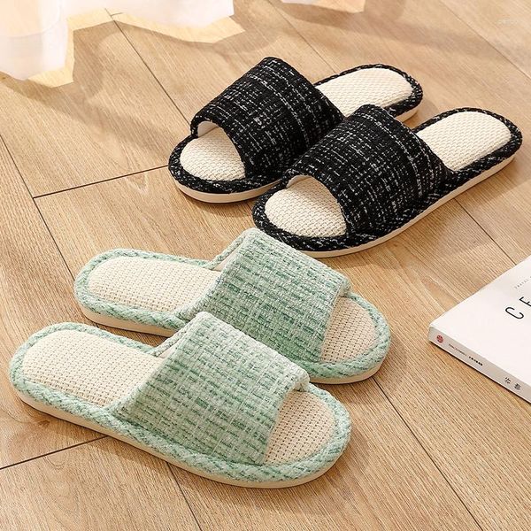 Zapatillas Verano Hogar Lino Mujeres Simple Zapatos Planos Piso Antideslizante Baño Diapositivas Interior Pareja Chanclas