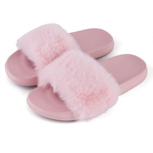 Slippers zomer binnen schoenen dames comfortabele vlakke vaste kleur open teen slippers nepbont fox fox bont slippers