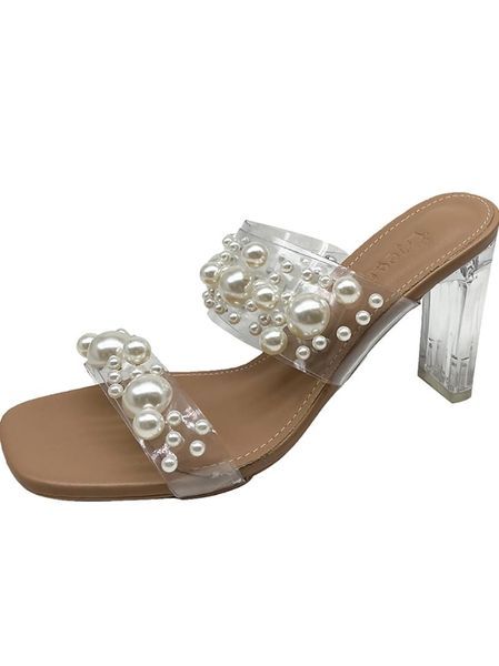 Pantoufles Summer Lady Trend British Sweet Wind Pearl Transparent Plastic High Heel Sandals Fashion Casual Shoes.