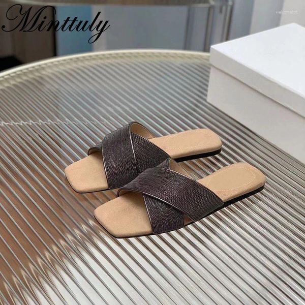 Zapatillas zapatillas de cuero de verano para mujeres diseñador de marca simple mulas de techo abierto casual y cómodo tobogán playa