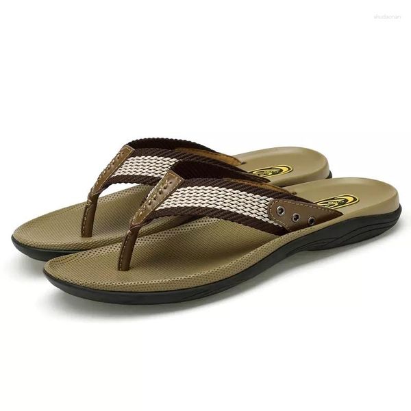 Zapatillas de verano para hombre, sandalias informales de cuero a la moda de alta calidad para hombre, chanclas exteriores planas, zapatos de gran tamaño, antideslizantes, marrones