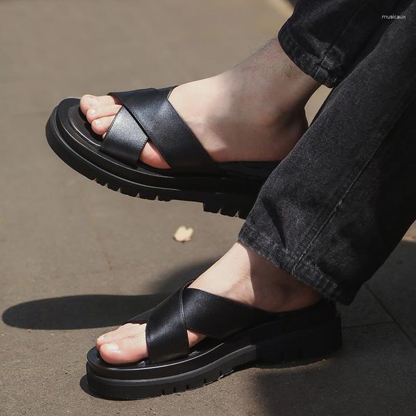 Pantoufles d'été en cuir véritable pour hommes, sandales d'extérieur à semelle épaisse, style japonais Harajuku, Streetwear décontracté, chaussures en peau de vache