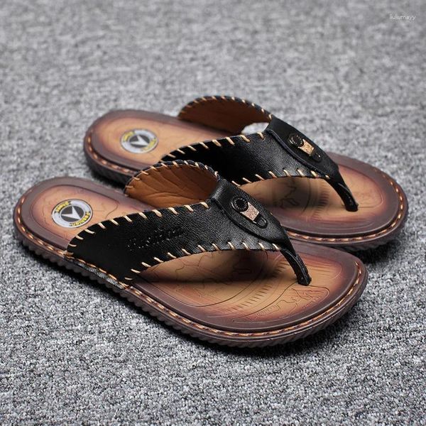 Zapatillas de verano zapatos para hombres de cuero hecho a mano al aire libre no deslizan chanclas al hombre transpirable playa cómoda plus tallas 46