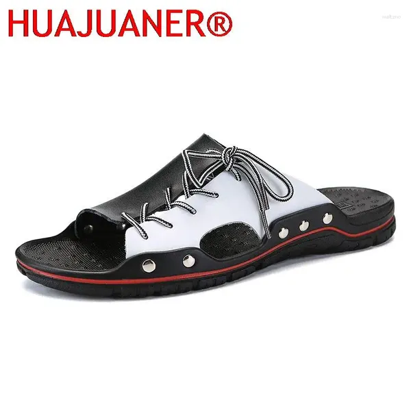 Slippers Summer Mens Geothere Leather Chaussures Fashion Anti-Slip Men Men de plage Flip Flops Male Brand Home Tlides intérieure Big Taille 38-48