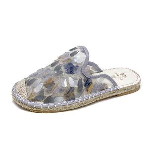 Pantoufles été maille Bling demi femmes Mules écailles de poisson diapositives chaussures chanvre talon plat coton tissu sandales 220304