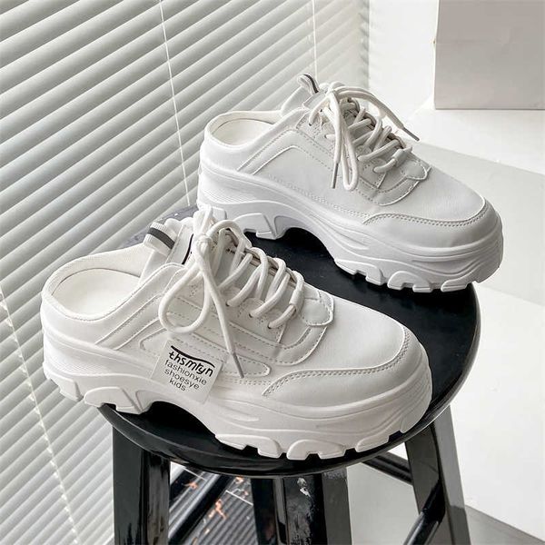 Pantoufles D'été Nouvelle Plate-Forme Pantoufle En Cuir Pu Chaussures Femmes À Talons Hauts Blanc Chaussures Filles Casual Mules Femme Sneaker Pas De Retour Glisser Sur Slip Z0317