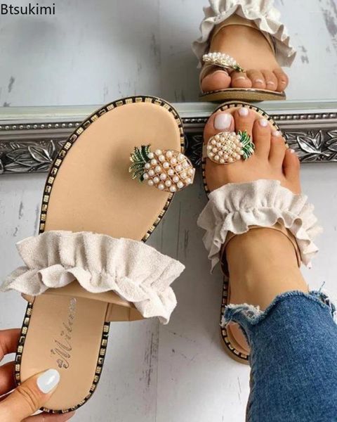 Zapatillas Summer Piña Flower Cool Slipper para mujeres 2024 Sandalias de tacón plano de moda Damas zapatos casuales al aire libre Toboganes