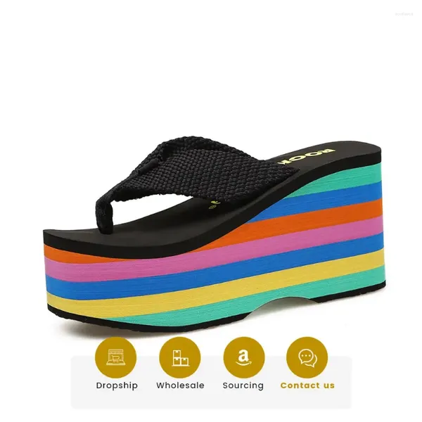 Zapatillas verano arco iris cuña mujer moda 8,5 cm tacón alto chanclas hembras coloridas sandalias de playa casuales