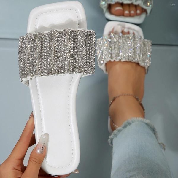 Zapatillas Verano Rhinestone Mujeres Blanco Cristal Pisos Chanclas Al Aire Libre Diseño Interior Sandalias Mujer Tamaño 43