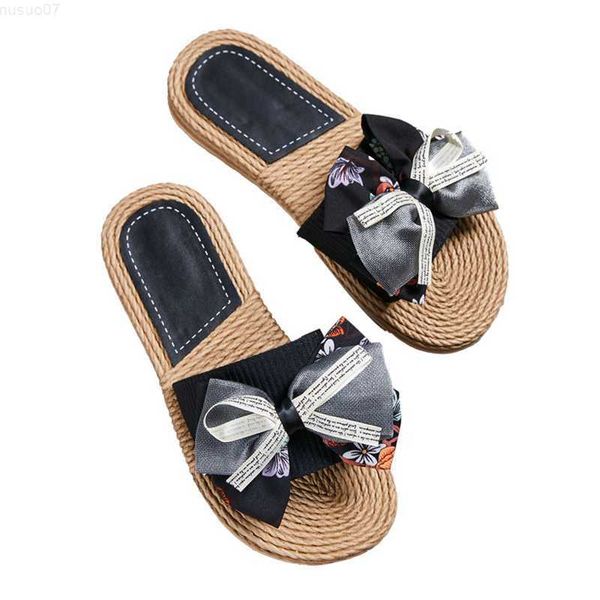 Zapatillas Verano Cinta Cuerda Arco Lino Zapatillas de casa Zapatos de mujer Zapatillas de lino para interiores Calzado de playa ligero Sandalias Tallas grandes hy446 L230717