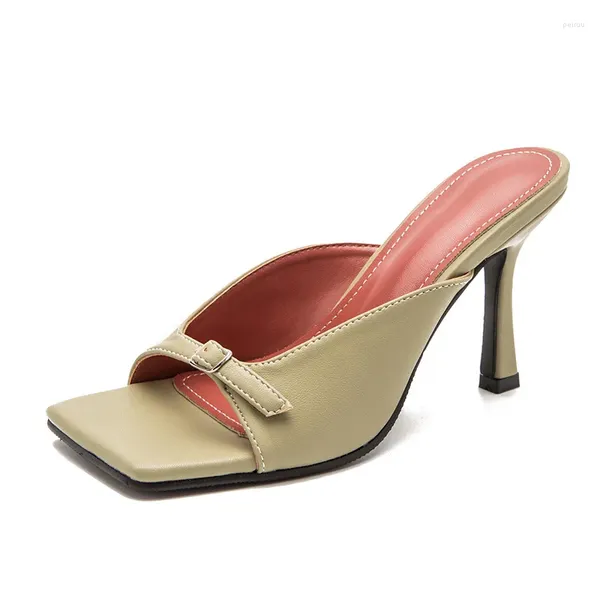 Zapatillas Sandalias sexys de verano Tacones altos finos y poco profundos Correa con hebilla de metal Zapatos de mujer Sandalias con punta cuadrada Sandalias de mujer Bombas concisas sólidas