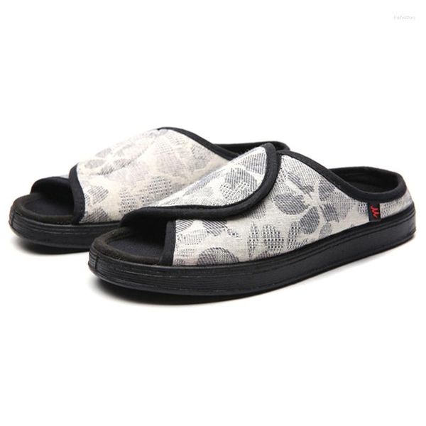 Pantoufles été pantoufle pour femmes fleur imprimé coton lin chaussures plates réglable ruban magique élargir la santé des pieds gonflés respirant