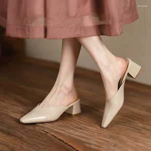 Pantoufles d'été chaussures en cuir fendu pour femmes bout carré talon épais Mules concis sandales marron Zapatos De Mujer