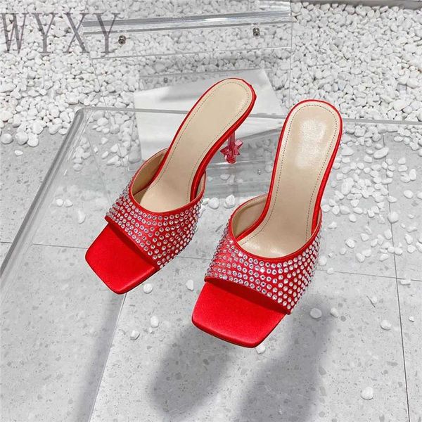 Slippers Summer Square Toe Real Leather Crystal High Heel Women Fashion Sexy Thin Party Dames Stiletto 2024
