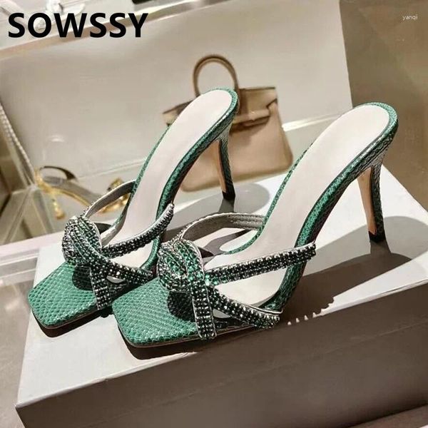 Slippers Summer Square Toe Thin High Heel Crystal Femmes Luxury Luxury Decon Sandales Sandales Sexy Sexy Party Dress 2024