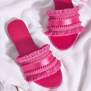 Slippels Zomer Tassel Slipper voor Women Fashion Flat Casual Sandals Luxe ontwerper Mules Bohemia Beach Shoes Sandalias de Mujer