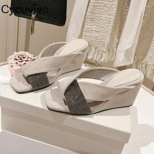 Slippels Zomer Wedges Heel Glides Suede Leather Platform Vrouwen Open Toe Crystal High Party Shoes For Woman Sandalias Mujer