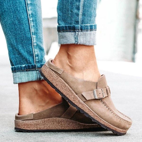 Zapatillas de verano para mujer, sandalias planas de cuero Pu Vintage para la playa, sandalias con plataforma y punta redonda para mujer, zapatos informales romanos para exteriores