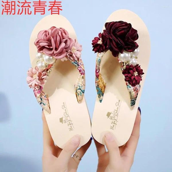 Zapatillas de verano para mujer, chanclas, zapatos de playa con suelas gruesas, sandalias de flores bohemias, sandalias planas de moda para mujer, chanclas florales