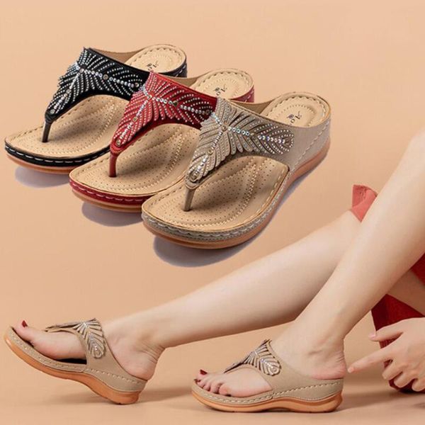 Pantoufles été femmes tongs mode strass gland compensées grande taille chaussures de plage décontractées en plein air femme