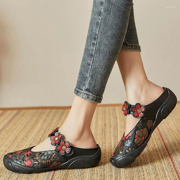 Zapatillas Summer Mujeres Mulas de cuero genuinas Flores redondas Flores al aire libre Toboganes Damas Flatas Hechas a mano