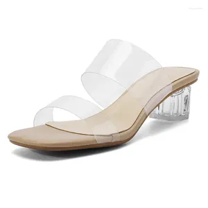 Slippers Summer Femmes PVC Jelly Open Toe 4cm Perspex Med Heels Chaussures Clear Transparent Ladies Sandales grandes taille 10 11 12