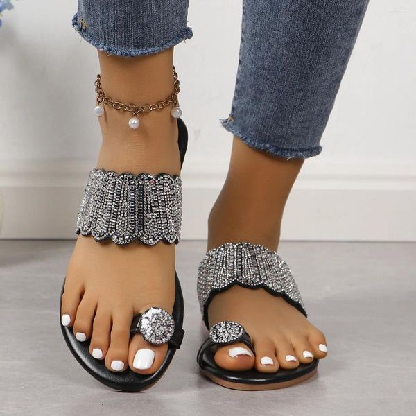 Zapatillas Verano Mujer Estilo Toe Set Moda Agua Diamante Sandalias Plana Fondo Cómodo Playa Zapatillas Mujer