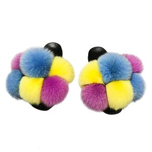 Pantoufles Été femmes pantoufles renard fourrure diapositives pour femmes moelleux pantoufles maison femme chaussures femme pantoufles avec fourrure Pom Pon Furry diapositives 231219