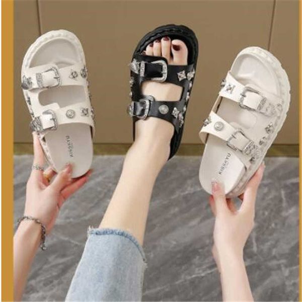 Slippers Summer Femme Slippers Platform Rivets Punk Rock Leather Creative Metal Assys Casual Party Shoes Female Feme Outdoor Tlides 2305