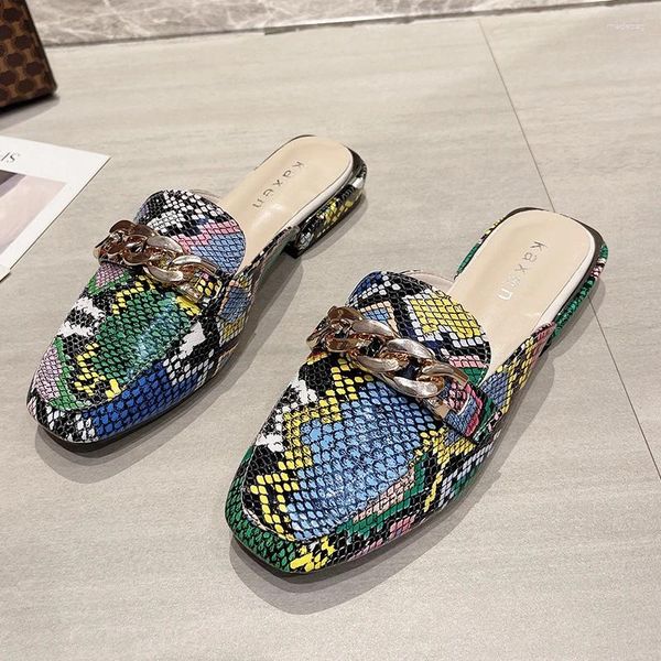 Slippers Summer Femmes Imprimés de serpent Chaîne Mules Slides Square Toe Shoes Classic Fashion Footwes Panteflas de Mujer