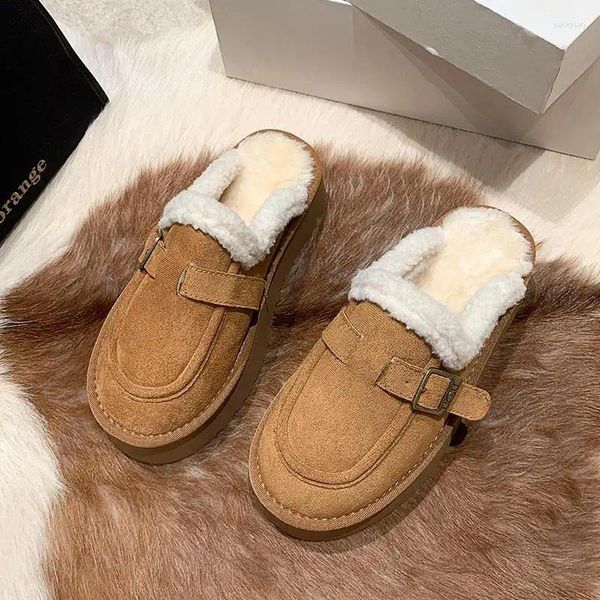 Slippers épaisses semelles baotou mi-mode hiver en peluche confortable Chaussures de coton pour femmes 2024 à l'extérieur