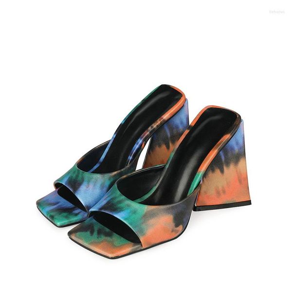 Pantoufles Tie-Dye Vert Chaussures Pour Femmes Mode 3D Imprimer Sandales À Talons Hauts Style Britannique Plus La Taille 45 Bout Carré À L'extérieur