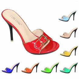 Slippels Timetang Zomer Women Slides neon kleuren 10,5 cm stiletto hoge hakken schoenen sexy open teen gesp buckle decoratie voor