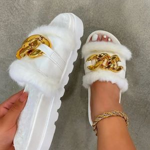 Slippers teen open pluche kleur winter vaste sandalen metalen ketting buiten casual dames mode schoenen b