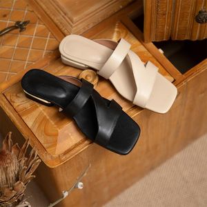 Pantoufles à bout ouvert pour femmes, sandales modernes d'été, Mules en cuir véritable, chaussures plates, 2024, 36465, 90498, 51266