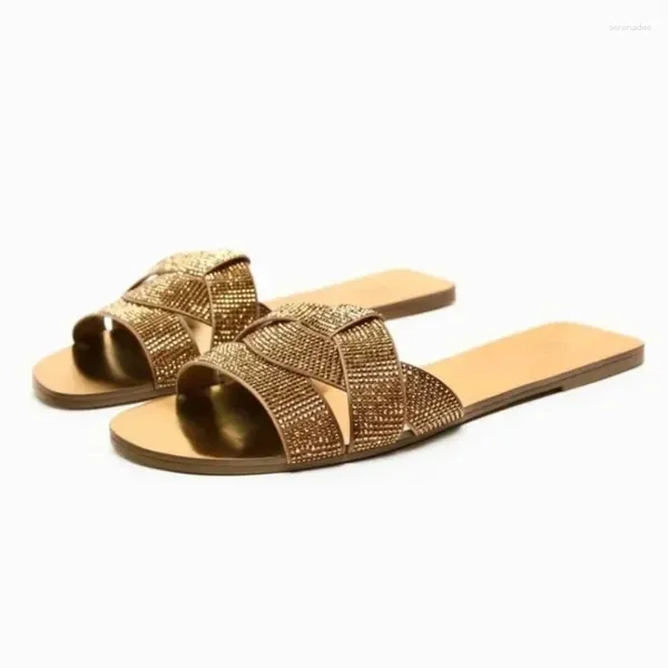 Slippers Traf Golden Flat for Women Chic Rhinaistone Cross Stracts Intepteted Chaussures 2024 Summer Casual Indoor Slipper