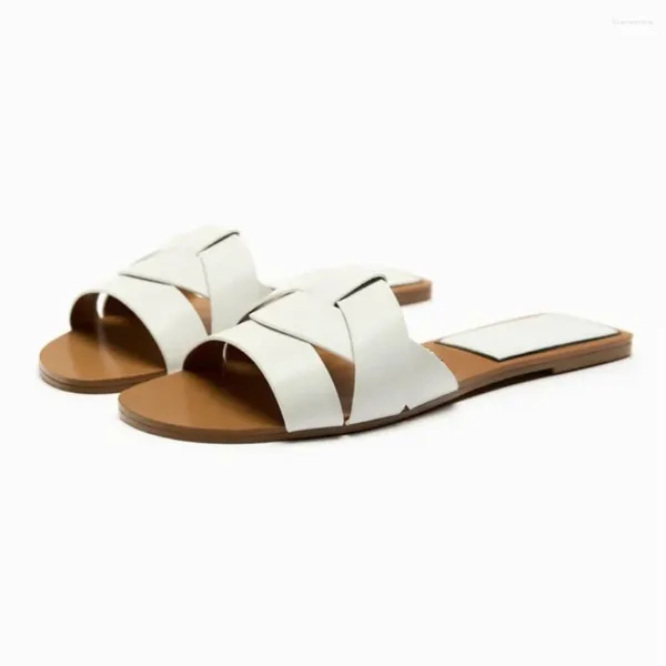 Pantoufles TRAF Ivoire Blanc Chaussures d'intérieur 2024 Ruban en cuir croisé Carré Talon bas Appartements Confortable Semelle de pied arrière Pantoufle pour femmes