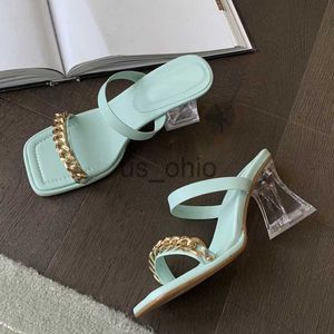 Slippers Transparante Chunky Hakken Muilezels Slippers Dames Mode Metalen Ketting Ontwerp Roze Sandalen Voor Vrouwen Open Teen Gladiator Schoenen Slides J230612