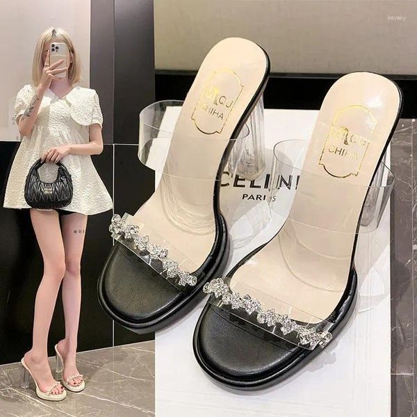 Slippers Transparent High Heels Femmes Chunky With Summer 2024 Fashion Rhinester Fairy Wind Crystal