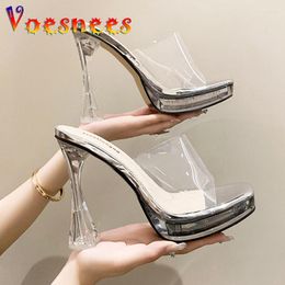 Zapatillas transparentes de PVC elegantes tacones altos 13CM plataformas de cristal al aire libre punta cuadrada Sexy zapatos de mujer de talla grande sandalias deslizantes