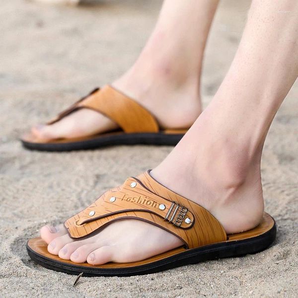 Zapatillas Tendencia Cuero Antideslizante Suela De Cuero De Vaca Sandalias De Playa De Verano Aumento Para Hombres