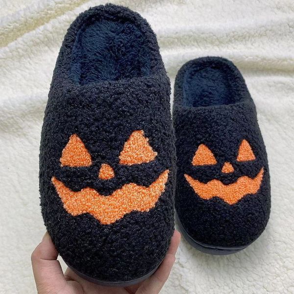 Zapatillas Unisex Dibujos animados Calabaza Estampado Cara feliz Halloween Memoria Espuma Suave Felpa Cálida Antideslizante Zapatos para el hogar 230926