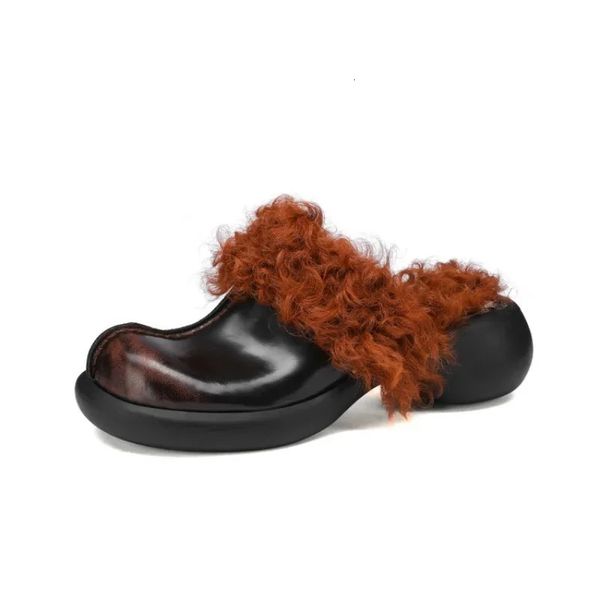 Pantoufles Vintage poils de lapin/laine automne et hiver pantoufles en peluche mode femme noir marron chaud extérieur chaussures en coton à talons hauts 231123