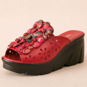 Pantoufles d'été pour femmes de style vintage avec plate-forme imperméable en cuir véritable compensées décontracté anti-dérapant chaussures de rue