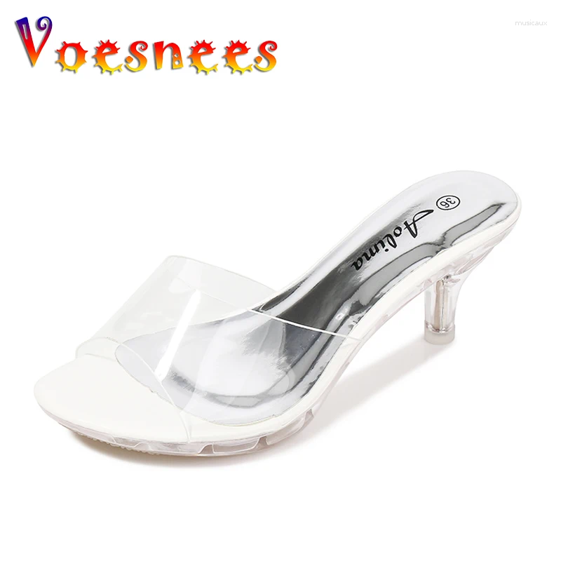 Slippers Voesnees Fashion Fashion Sexy Clear High Heels 6,5 cm Females Tlines Open Toe Mules Transparent Party Chaussures