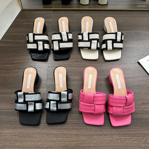 Pantoufles armure conception à talons femmes été Sexy sandales pompes bout carré 2023 tendance coréenne élégante chaussures de fête dames