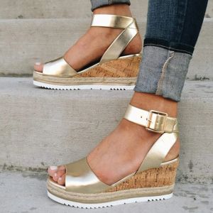 Slippels Wedge Sandalen Vis Mond Open teen Vrouwen Strap Rubber Sandalen Gouden enkelriem PU SCHOENEN DAME SOLTEN HOOG HOEL SCHOENEN D25