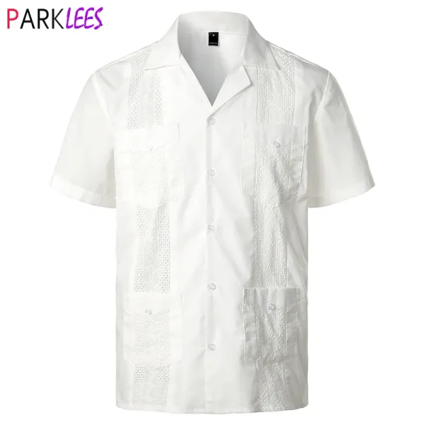 Slippers Blancs Caban Camp Guayabera Men Hommes élégants brodés Buttondown Shirts Mens Mexican Caribbean Style Beach Shirts 2xl